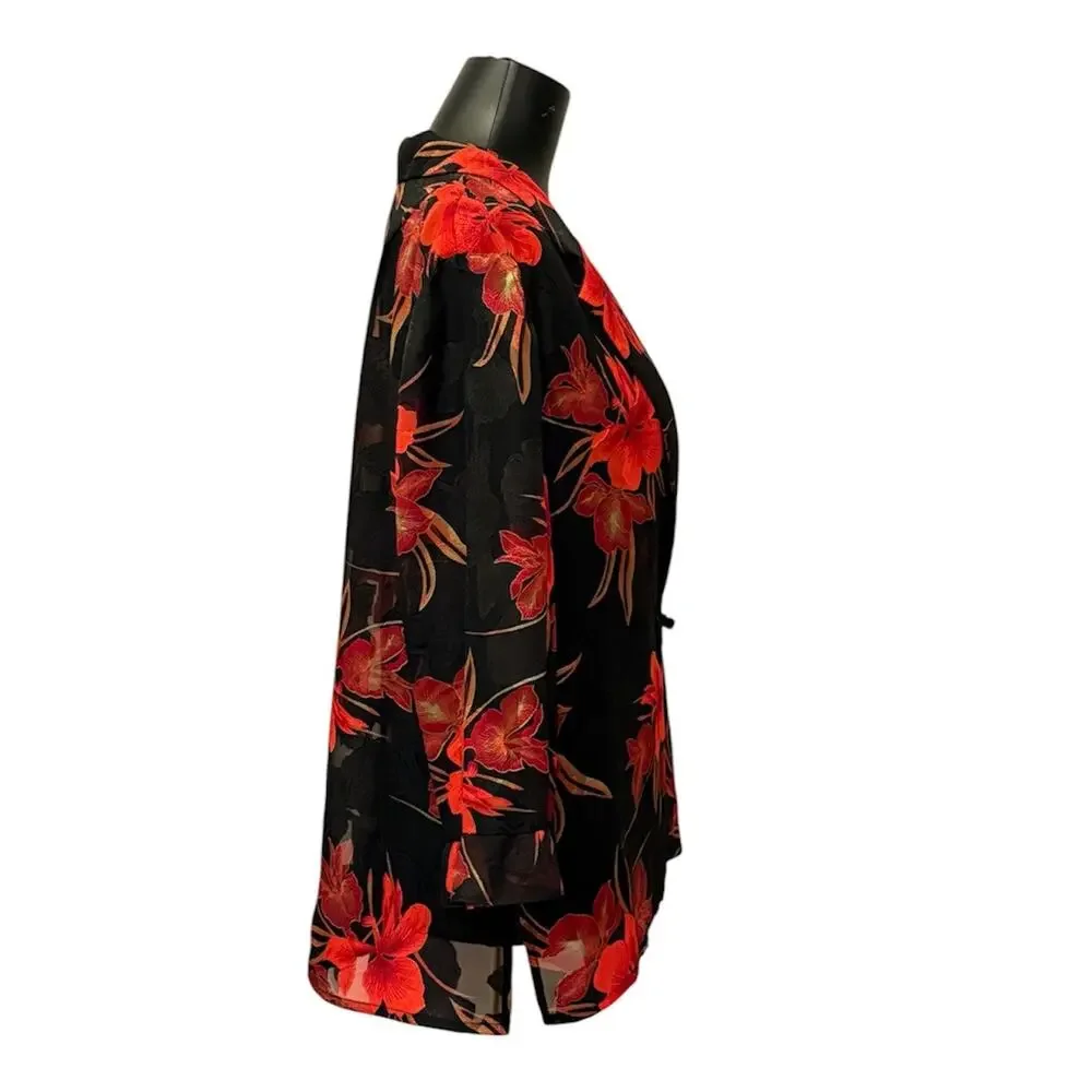 Vintage Koret Dress Sheer Floral Jacket Black Red Frog Closure, size12